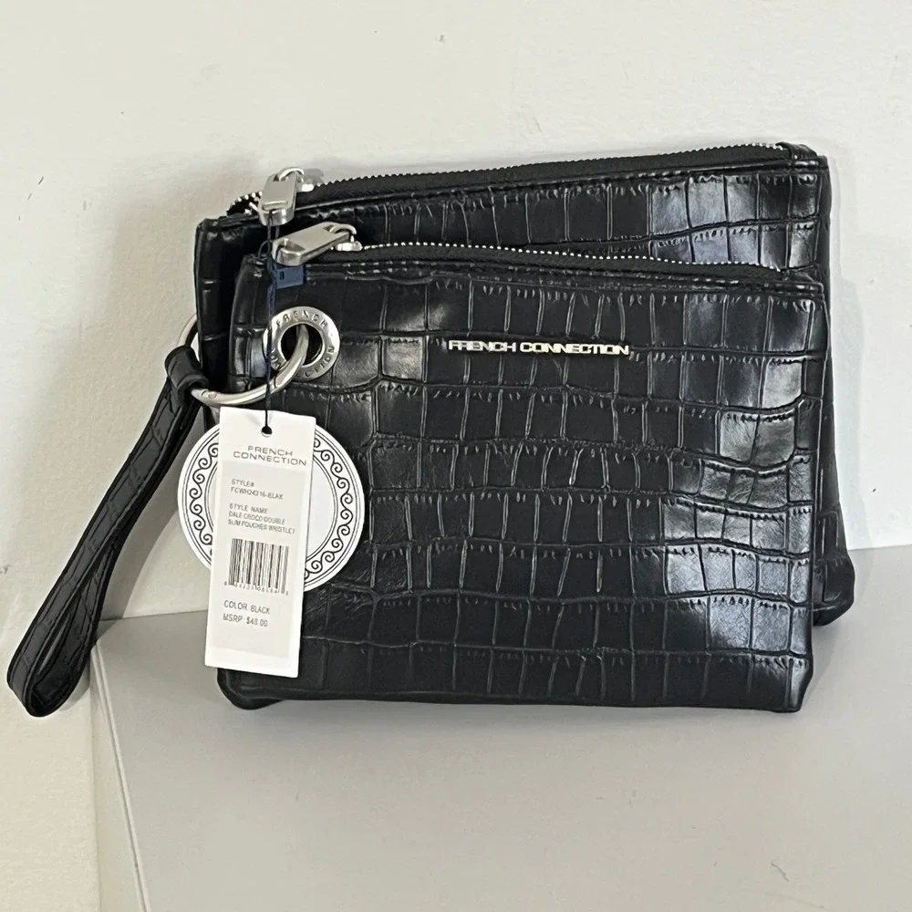 French‎ Connection Wristlet Women OS Black Dale Croco Double Slim Pouches